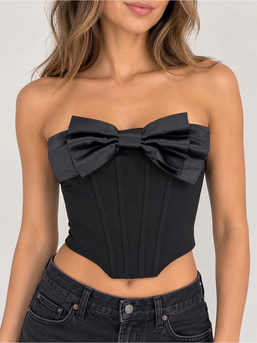 Satin Bow Strapless Corset Crop Top - Black